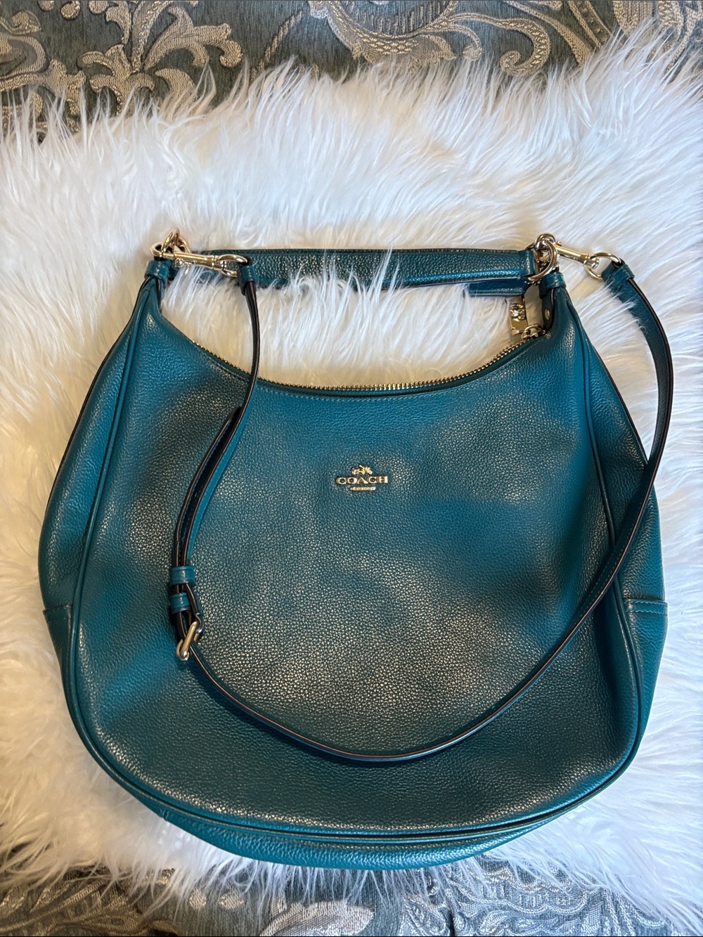 COACH Teal Pebbled Leather Shoulder Hobo with Gold Hardware